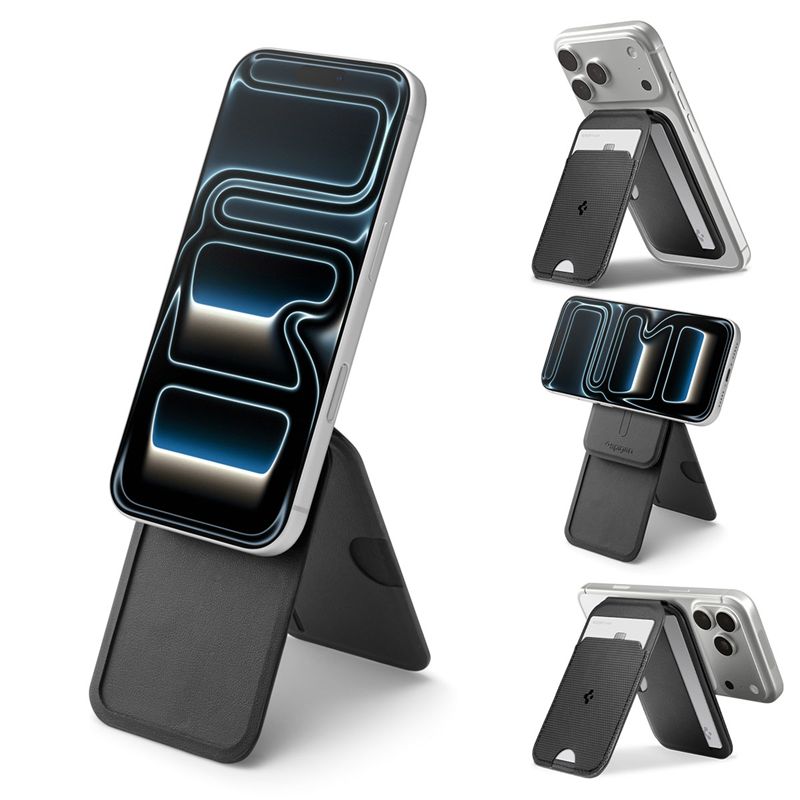 Suport universal card pentru telefon Spigen Slim Fold Tripod Wallet 3 Card, Phone Stand, MagSafe, Negru