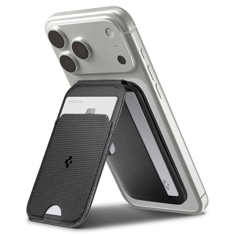 Suport universal card pentru telefon Spigen Slim Fold Tripod Wallet 3 Card, Phone Stand, MagSafe, Negru