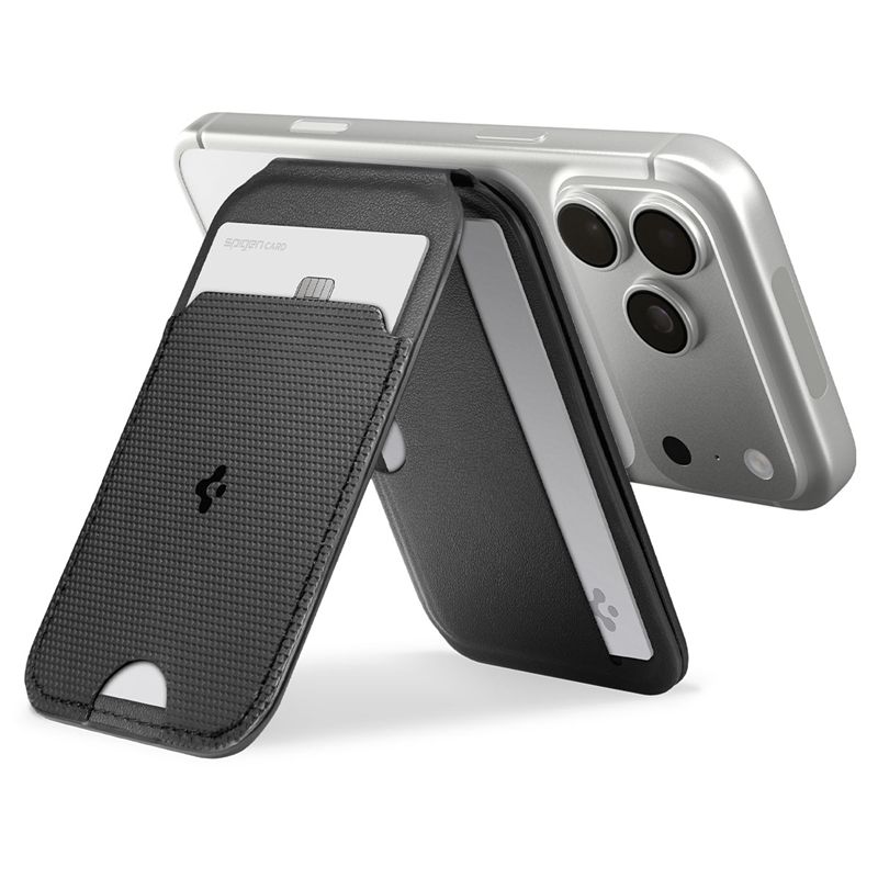 Suport universal card pentru telefon Spigen Slim Fold Tripod Wallet 3 Card, Phone Stand, MagSafe, Negru