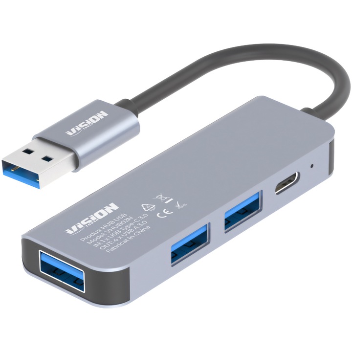 Hub Vision Touch VHUB02N, 2 x USB-A 2.0, 1 x USB-C 2.0, 1 x USB 3.0, Сив