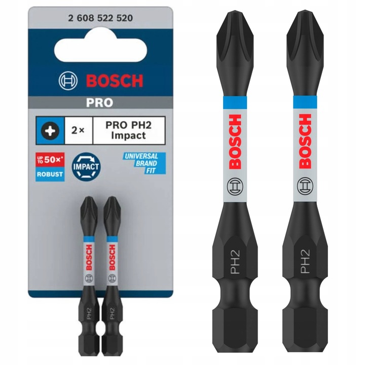 Set 2 Biti Impact PH2 PRO Bosch - Rezistenta sporita, Mandrina hexagonala 1/4"