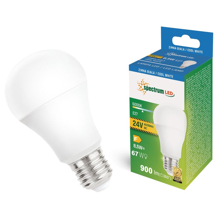 LED крушка E27 8.5W 24V AC/DC 6000K, 900lm, Spectrum