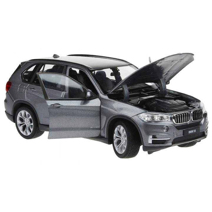 Masina de jucarie BMW X5 Welly 1:24, metalica, gri, dimensiuni 19x7.5x8cm, usi deschise