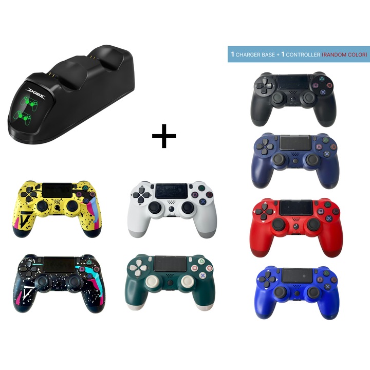 Dock dual pentru incarcare controller, cu display LED, pentru manete wireless PS 4, PS4 Slim, PS4 Pro, 1 maneta ps4 wireless inclus, SERIE-GAMER, random color, HAPPY JOKER®