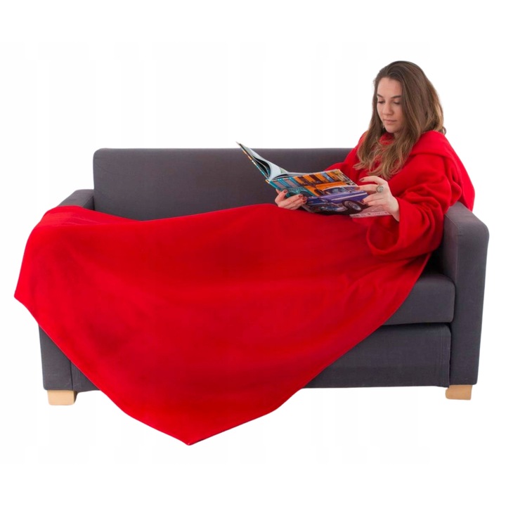 Patură polara mare, roșie, cu mâneci, 145x205 cm