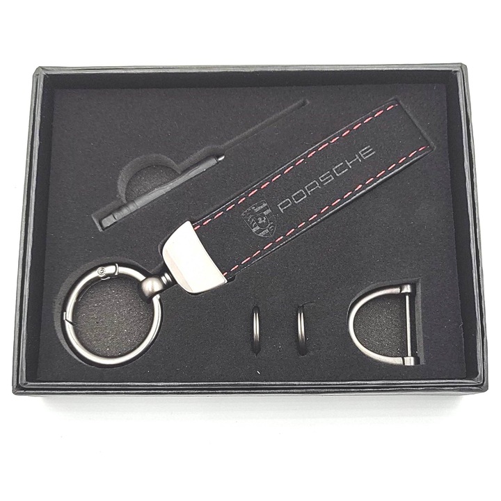 Breloc pentru chei, Porsche, piele neagra, cutie de cadou