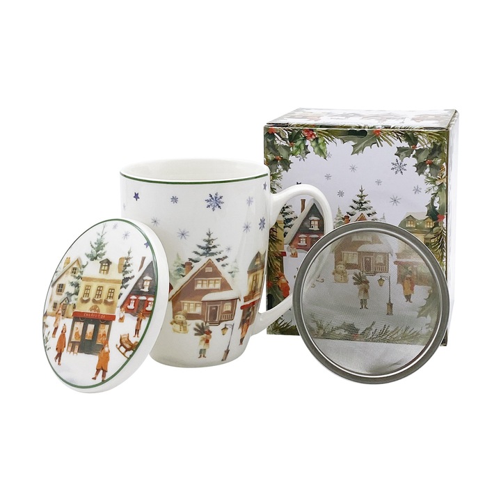 Cana cu infuzor pentru ceai, DUO, Christmas Village, portelan alb-crem, 360 ml