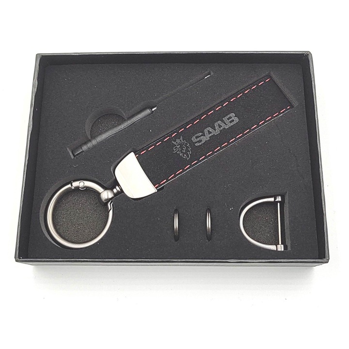 Breloc pentru chei SAAB, set cu cutie de cadou, piele neagra, dimensiuni optime