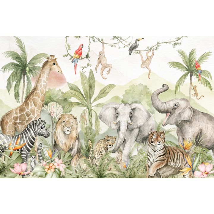 Fototapet Camera Copii - Jungla Safari cu Lei, Elefanti, Girafa si Tigrul in Peisaj Tropical, 280 x 400cm, Vlies, Lavabil, Eco-friendly, Living, Dormitor