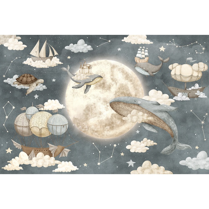 Fototapet Camera Copii - Spatiul cosmic cu balene, corabii si luna pe fundal de cer instelat, 280 x 400cm, Vlies, Lavabil, Eco-friendly, Living, Dormitor