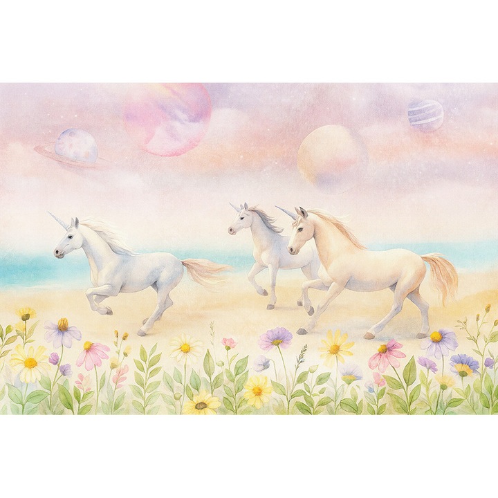 Fototapet Camera Copii - Unicorni Albi, flori pastel si cer cosmic cu planete, 280 x 400cm, Vlies, Lavabil, Eco-friendly, Living, Dormitor