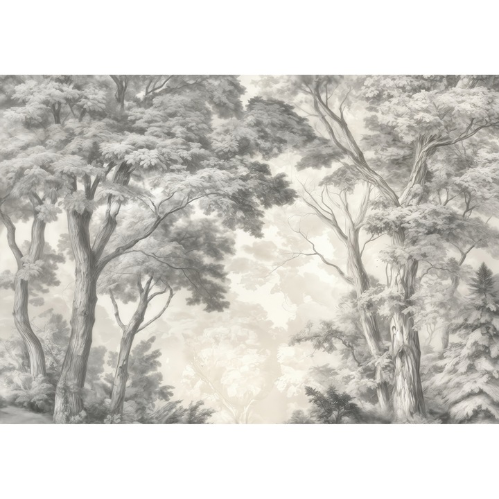 Fototapet Vlies 3D, Design Padure in Nuante Aquarela, Copaci Realistici pe Fundal Calm Neutru, 280 x 400cm, Lavabil, Eco-friendly, Living, Dormitor