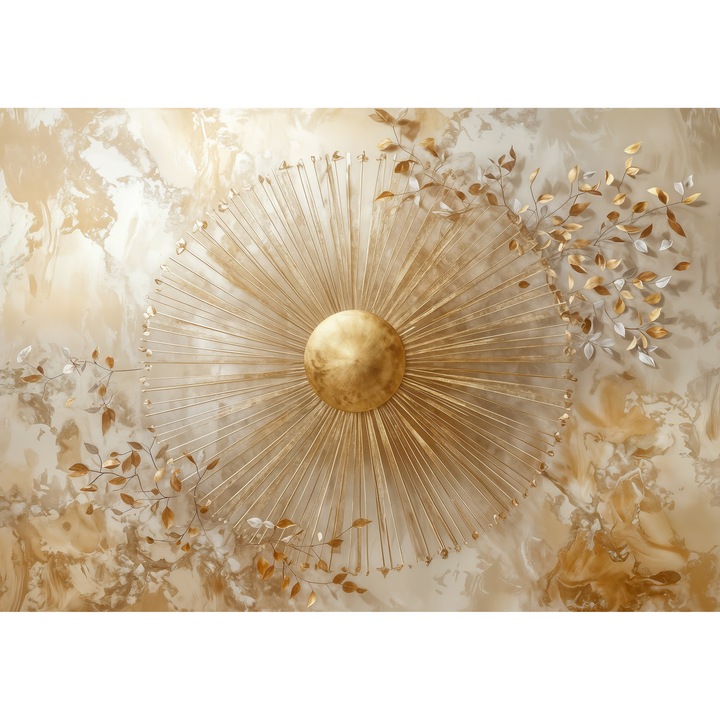 Fototapet Vlies 3D, Soare Auriu 3D cu Elemente Decorative si Frunze Metalice, 280 x 400cm, Lavabil, Eco-friendly, Living, Dormitor, Design Floral