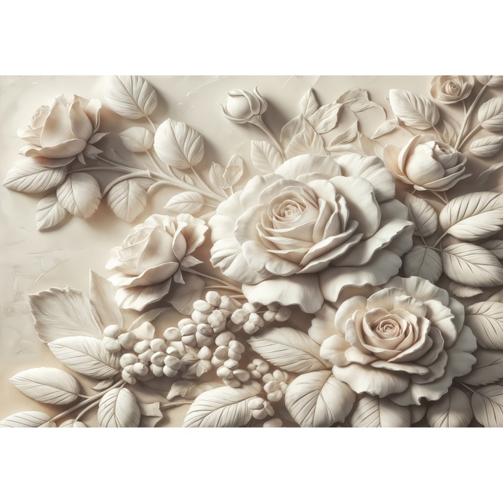 Fototapet Vlies 3D, Trandafiri Crem Ivoire si Frunze pe Fundal Deschis Elegant, 280 x 400cm, Lavabil, Eco-friendly, Living, Dormitor, Design Floral