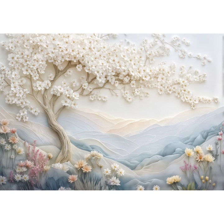 Fototapet Vlies 3D, Copac Inflorit si Munti Pastel pe Fundal Deschis Elegant, 280 x 400cm, Lavabil, Eco-friendly, Living, Dormitor, Design Floral