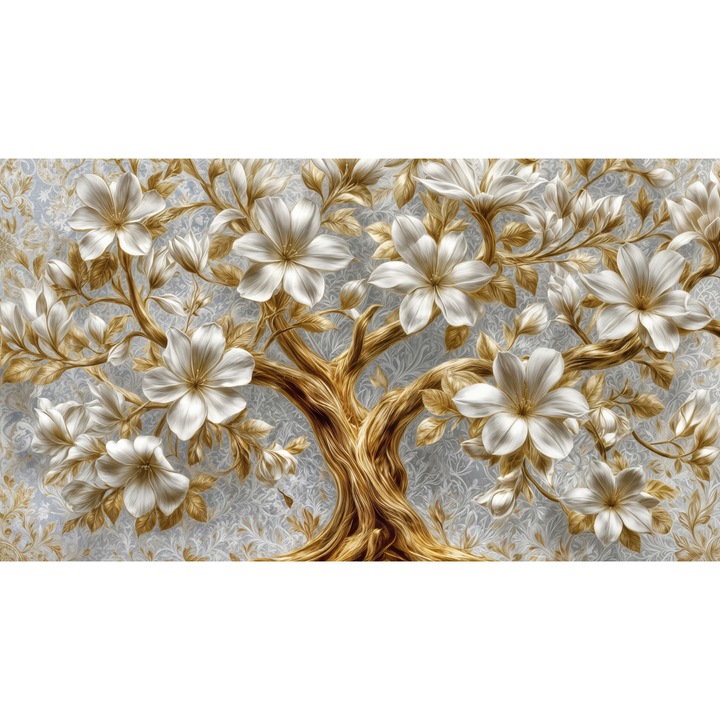 Fototapet Vlies 3D, Copac Decorativ 3D cu Flori Albe si Accente Aurii, 280 x 400cm, Lavabil, Eco-friendly, Living, Dormitor