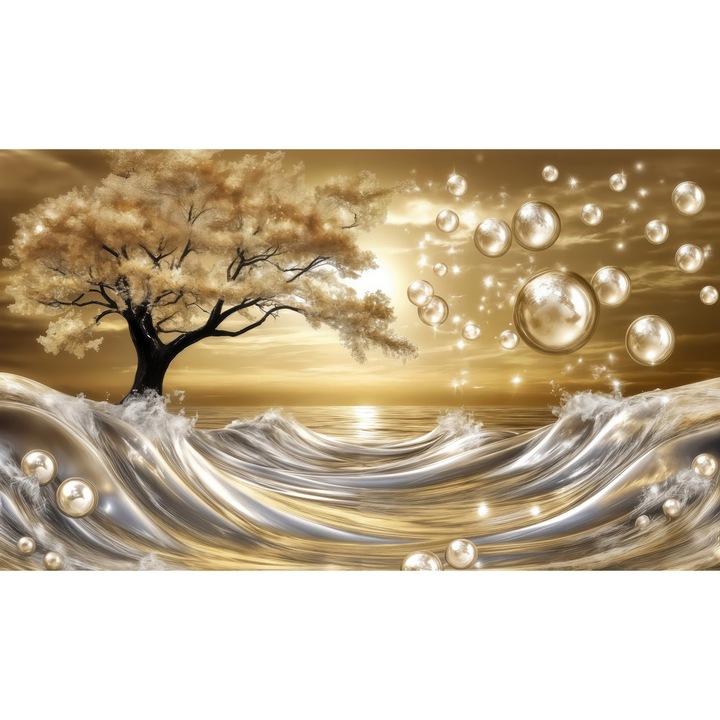 Fototapet Vlies 3D, Peisaj Fantezie cu Apus Auriu, Copac si Valuri, 280 x 400cm, Lavabil, Eco-friendly, Living, Dormitor