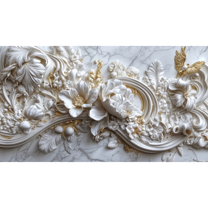 Fototapet Vlies 3D, Flori Albe si Accente Auriu pe Fundal Marmorat, 280 x 400cm, Lavabil, Eco-friendly, Living, Dormitor