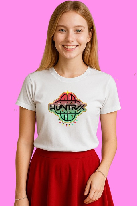 Tricou Dama Huntrix K Pop Hunters Demon Logo Glob Metalic Craciun, Alb