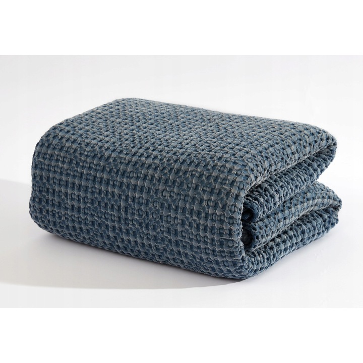 Plaid Nodiara, bumbac 100%, 240x260cm, textură wafle, nuanță jeans