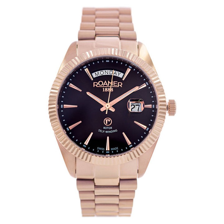 Ceas barbatesc Roamer Primeline Daydate 981662 49 65 90, roz aur, bratara din inox, 42mm, rezistent la apa 50m