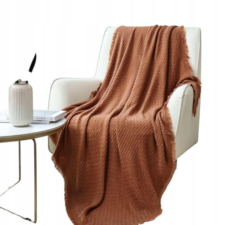 Plaid tricotat, 127x152cm, acril premium, caramiziu, stil boho