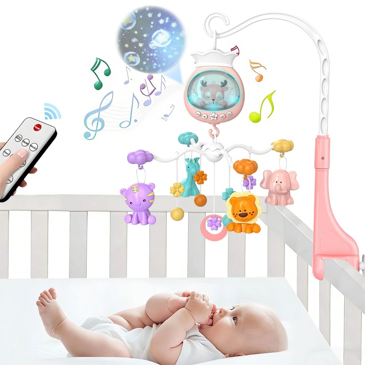 Carusel muzical patut bebelusi, Morovan, Carusel multifunctional pentru patut, cu muzica si lumini, 360° rotativ, 4 jucarii zornaitoare detasabile, multifunctional, control de la distanta, proiectie, Setare Timer, Roz