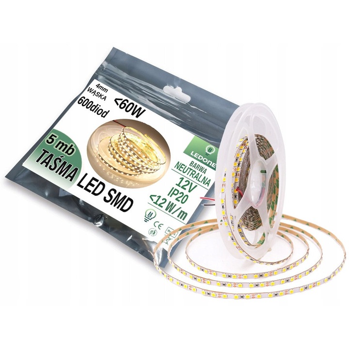 Banda LED PREMIUM 4mm 2835 600 dióda IP20 5m, LED-ONE, semleges fehér