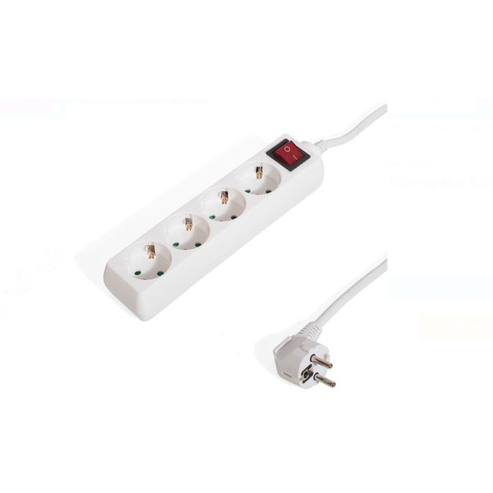 Prelungitor Electric 4 Prize cu Intrerupator Iluminat și Protectie Copii, Cablu 1.5m, 3680W, 27x5x4cm