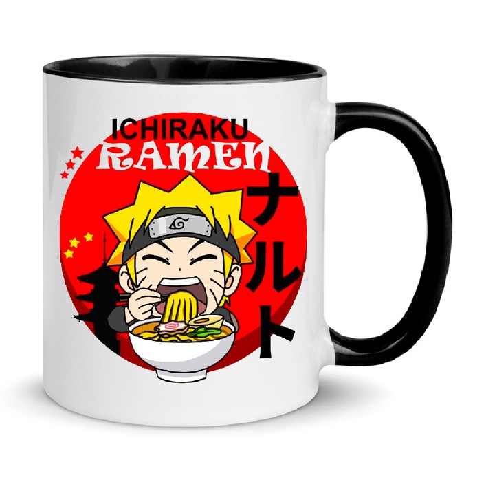 Cana ceramica Naruto "Ramen", 330ml, alb-negru, design tematic ramen, rezistent la spalare in masina