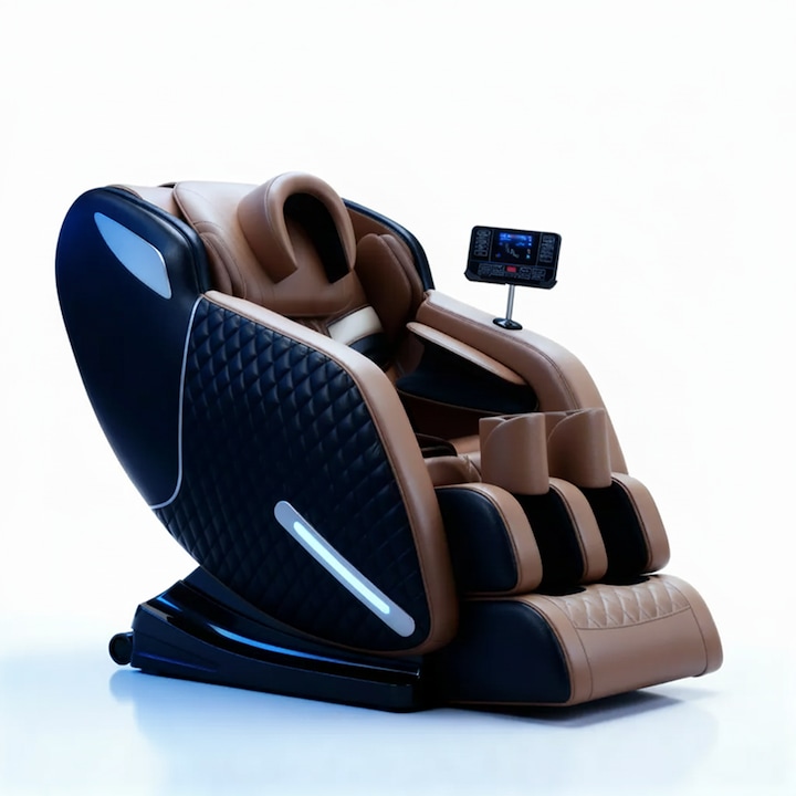 Fotoliu Masaj, TOP SCAUNE® IULIUS, Scaun Masaj, Functie Incalzire, Bluetooth, Ecran LCD, Fotoliu Relaxare, Zero Gravity, 2 Boxe Integrate, Moduri Automate Multiple, Reglare Intensitate Masaj, Suport Picioare Extensibil, Piele PU Premium, Negru/Portocaliu