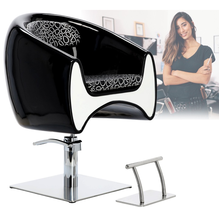Calissimo, Scaun de coafat hidraulic rotativ pentru salonul de coafura Suport cromat scaun de coafor, ENZO-643-BLACK-PANTER