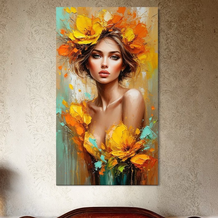 Tablou Canvas Premium, LuxCanva® P1028, Flacara Frumusetii, 40 X 70 CM, Panza Bumbac 100% 400g/m2, Sasiu Lemn, Flori, Frumusete, Seductie, Feminitate, Portret, Pictura, Sublim, Poetic, Dormitor, Living