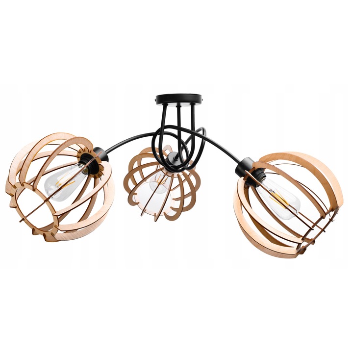 Lampa suspendata LOFT cu 3 abajururi din lemn, E27, negru