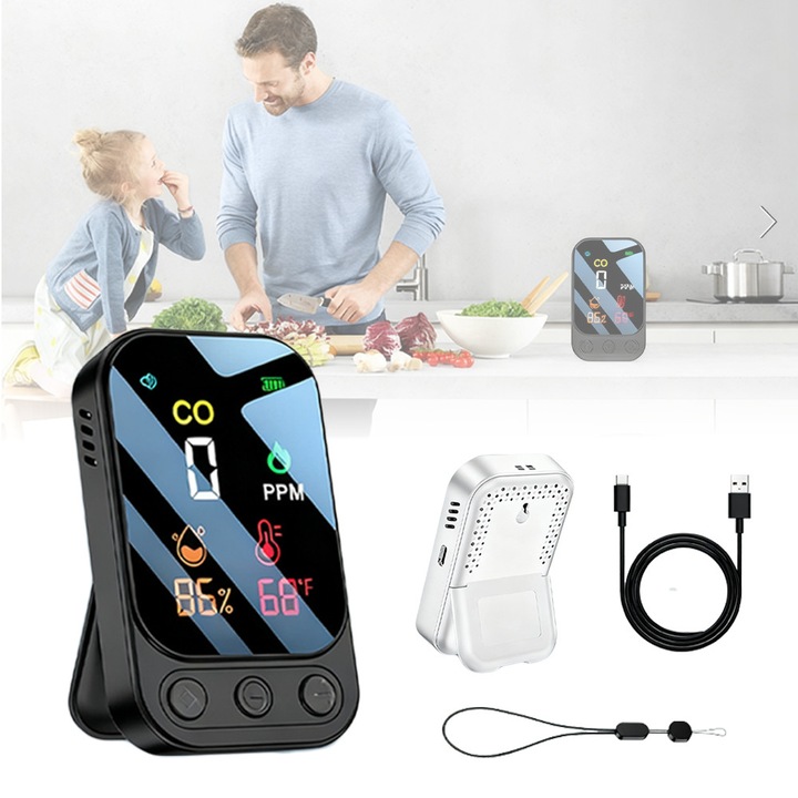 Excitat® Detector de gaz portabil 3 in 1, alarma de 85 dB, senzori de monoxid de carbon, temperatura si umiditate, potrivit pentru camping in interior si in aer liber, calatorii, rulote si hoteluri