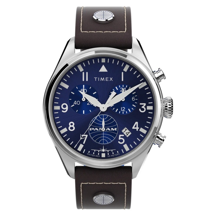 Ceas barbaesc Timex Waterbury TWG030000, cronograf, curea din piele, cadran albastru, 42x12mm