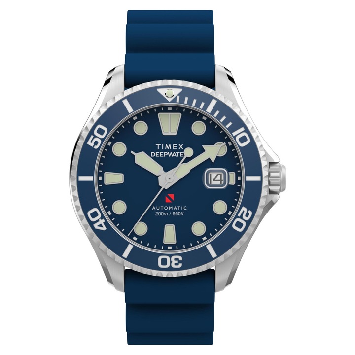Ceas barbatesc Timex TW2Y39900 Deepwater Meridian 200, automat, 44mm, curea din cauciuc sintetic, cadran albastru, rezistent la apa 200m