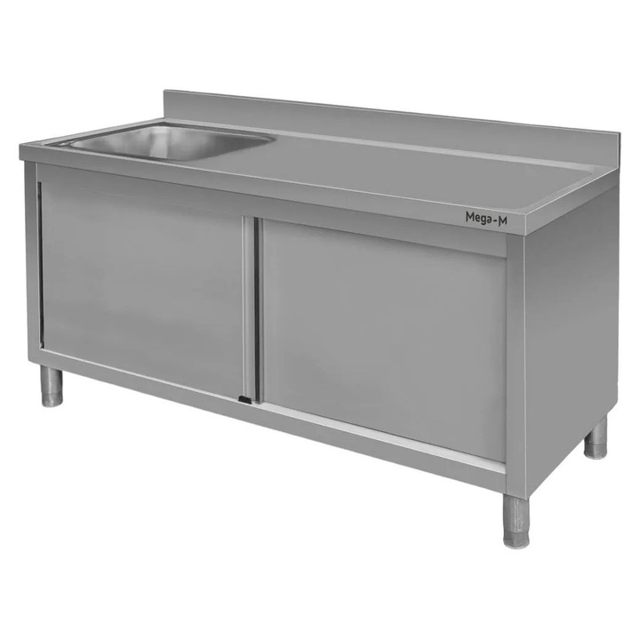 Chiuveta inox cu bazin stanga si dulap, Mega-M, 160x60x85 cm, constructie sudata, spatiu de lucru extins