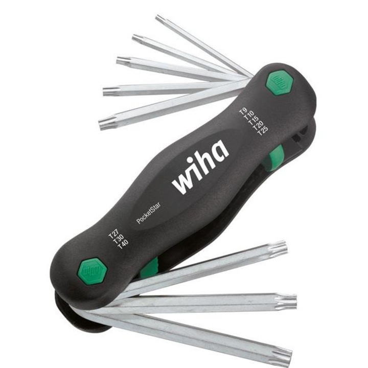 Комплект ключове TORX Wiha PocketStar 23049, от хром-ванадиева стомана, ергономична дръжка с подсилен с фибростъкло корпус и бутонен селектор, черен/зелен, 8 части