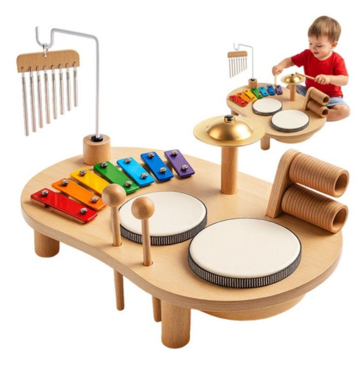 Set muzical educational Montessori tip masuta KESNUP, varsta 3+ ani, include xilofon, tobe, cinele si clopotei, pentru dezvoltarea senzoriala si motorie, materiale naturale sigure, design estetic, culori calde, dimensiuni 24.5 x 38.5 x 23.5 cm, Multicolor