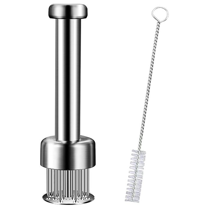 Dispozitiv pentru fragezire carne si pregatire condimentare din otel inoxidabil 304, DONFANLIA®, Cu 21 tije de perforare din inox si perie de curatare, Unelte de bucatarie, Maner confortabil, Usor de folosit si curatat, Argintiu