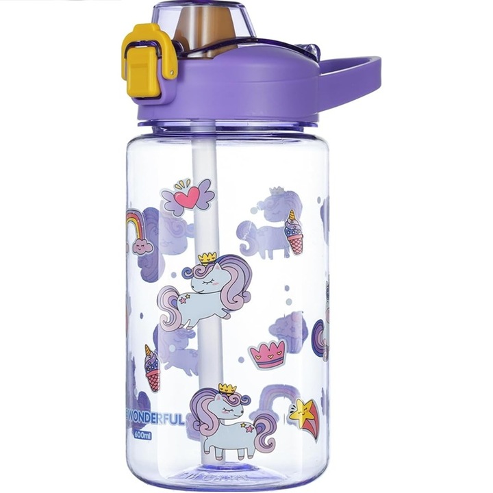 Бутилка за вода за деца Edman 600ml, устойчива на течове, модел еднорог, лилава