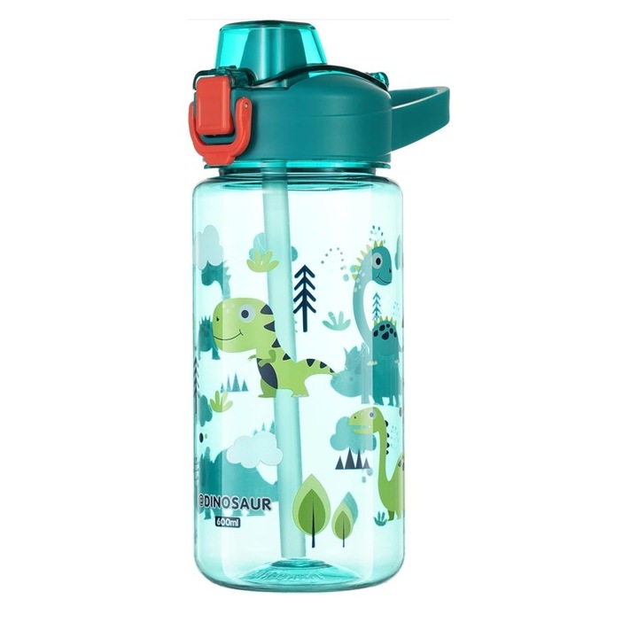 Детска бутилка за вода Edman 600ml, устойчива на течове, модел динозавър, зелена