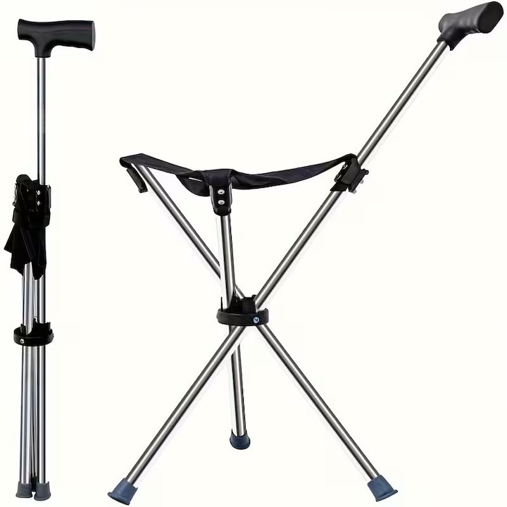 Бастун със сгъваем стол 2 в 1, неръждаема стомана, капацитет 100 кг, безопасен заключващ механизъм, подпомага мобилността и сгъваема опора за туризъм, къмпинг и пътуване, против плъзгане, за възрастни хора, черен
