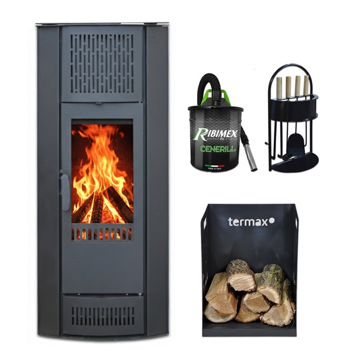 Pachet soba pe lemn Termax Belissima, 9.47 kW, randament 84.32%, 60 m², Antracit, set accesorii, aspirator cenusa si suport lemne foc metalic Termax M