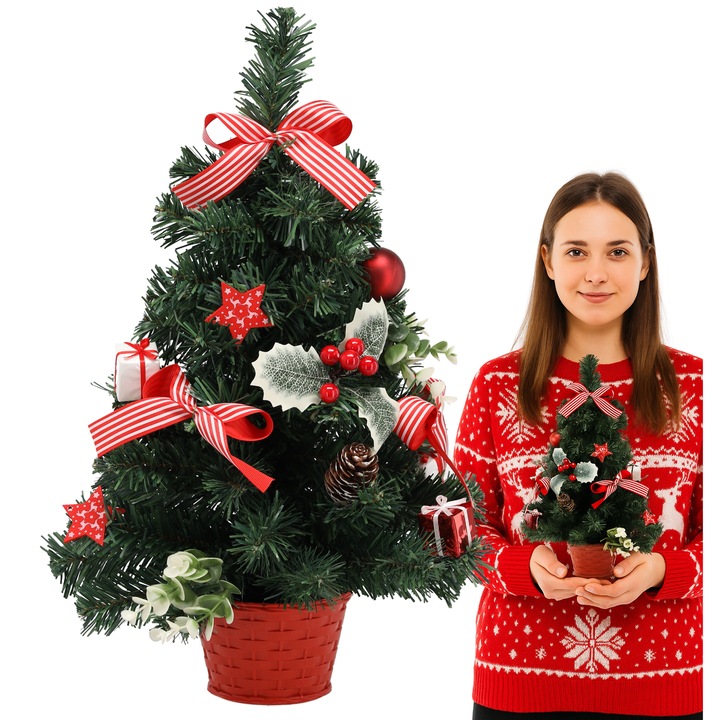 Brada Artificiala Decorata Cu Ornamente, Bobimarket, Material Pvc, Decoratiuni Frumoase De Craciun, Manopera De Inalta Calitate, Durabile Timp De Ani De Zile, Design Clasic, Greutate 0.5 Kg, Culoare Verde, Destinatie Interior, 50 Cm, Multicolor