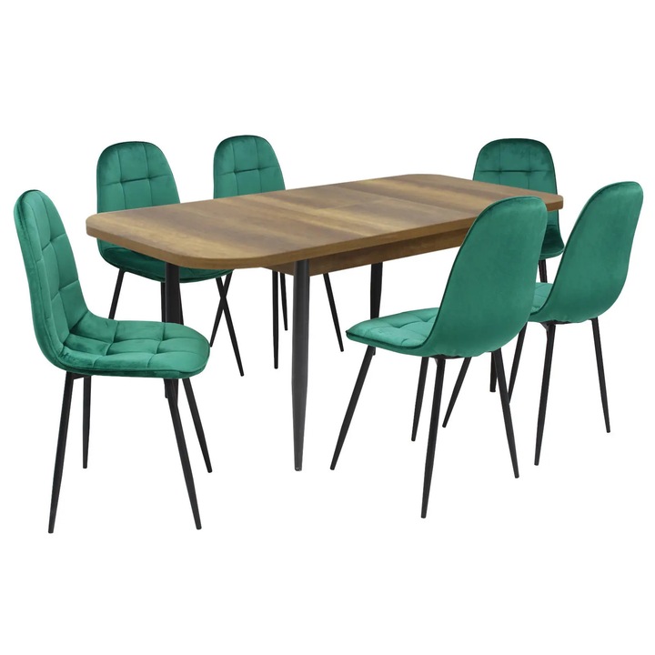 Set masa extensibila Viena Nuc cu 6 Scaune Gya Verde, picioare negre, tapiterie din piele ecologica, dreptunghiulara, blat din PAL laminat, 140x80x75 cm