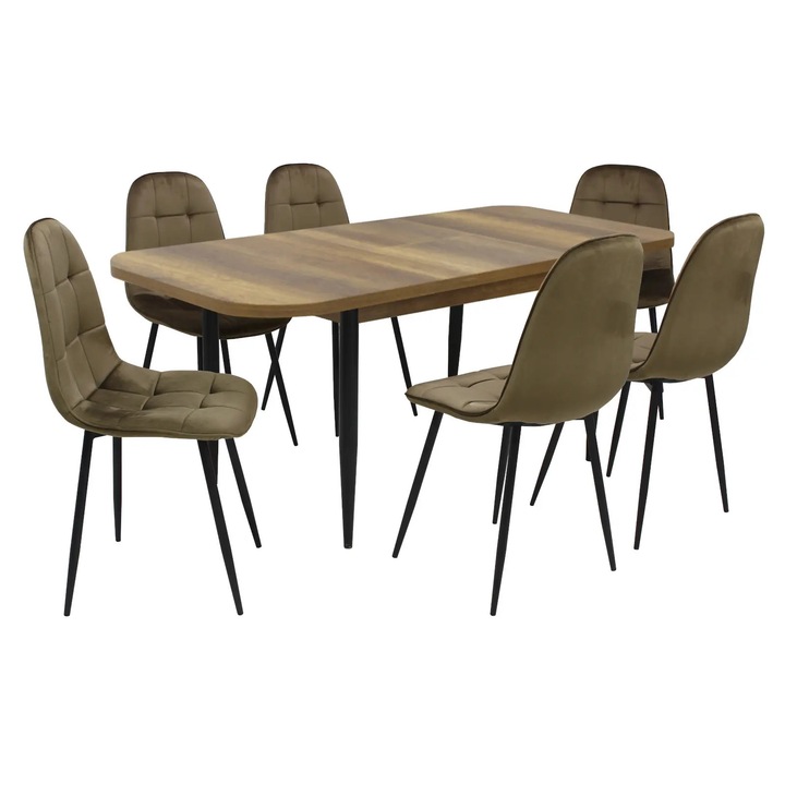 Set masa extensibila Viena Nuc cu 6 Scaune Gya Maro, picioare negre, tapiterie din piele ecologica, dreptunghiulara, blat din PAL laminat, 140x80x75 cm