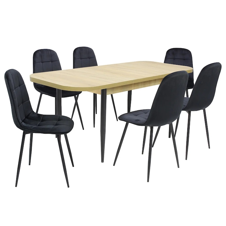 Set masa extensibila Viena Stejar cu 6 Scaune Gya Negru, picioare negre, tapiterie din piele ecologica, dreptunghiulara, blat din PAL laminat, 140x80x75 cm