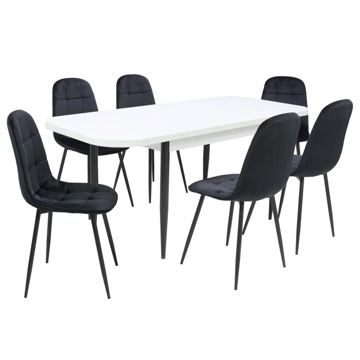 Set masa extensibila Viena Alba cu 6 Scaune Gya Negru, picioare negre, tapiterie din piele ecologica, dreptunghiulara, blat din PAL laminat, 140x80x75 cm